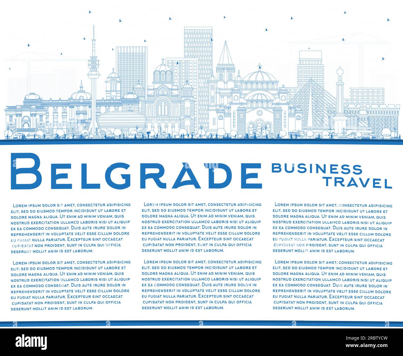 Outline Belgrade Serbia City Skyline with Blue Buildings and Copy Space. Vector Illustration. Belgrade Cityscape with Landmarks. Stock Vector