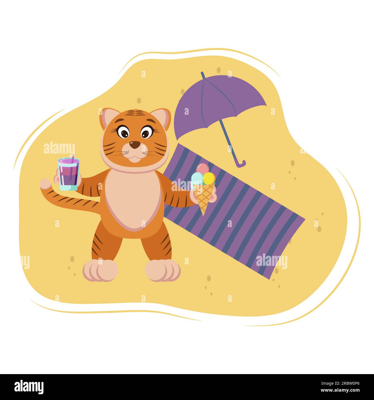 tiger is resting on the beach. With a cocktail and ice cream Stock Vector