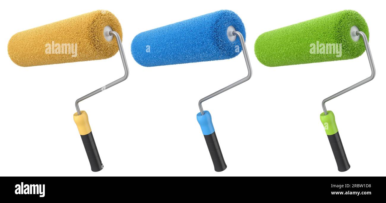 Set of paint roller for painting walls and renovating apartment on white background. 3d render