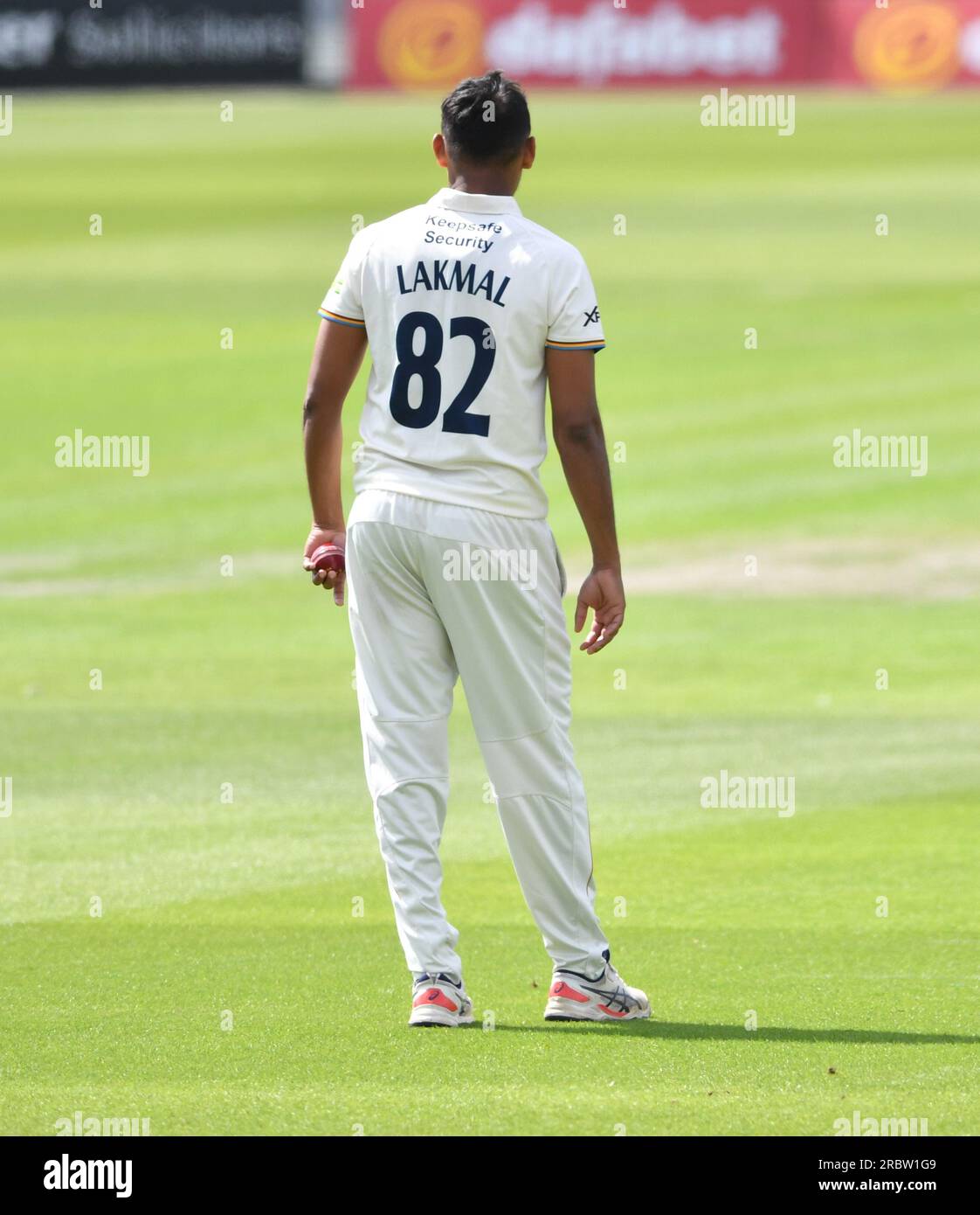 Hove UK 10th July 2023 - Suranga Lakmal of Derbyshire against Sussex during day one of the LV= Insurance County Championship cricket match at the 1st Central County Ground in Hove : Credit Simon Dack /TPI/ Alamy Live News Stock Photo