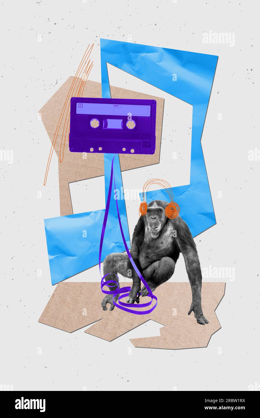 Collage 3d image of pinup pop retro sketch of monkey chimpanzee animal ...