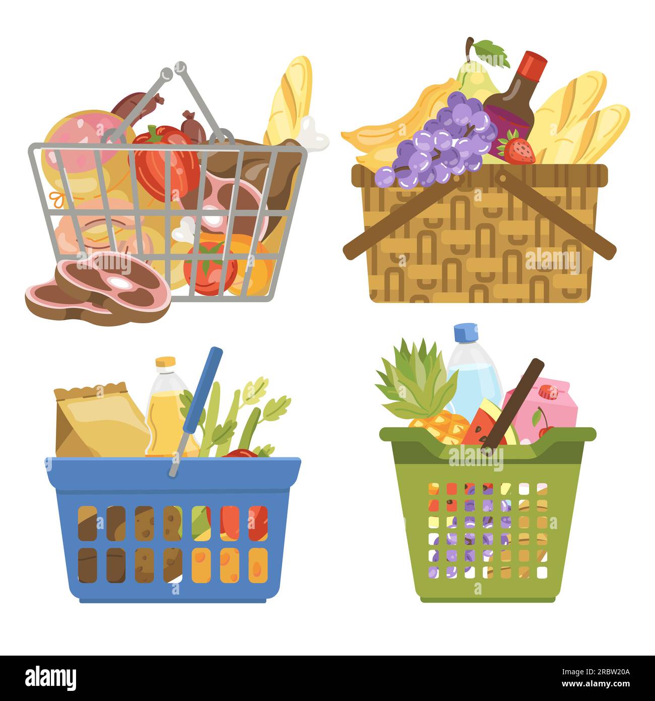 vector illustration of various grocery baskets with groceries meat