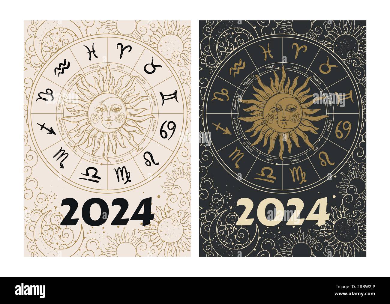 2024 astrology cover for diary, calendar. Sun and moon with face