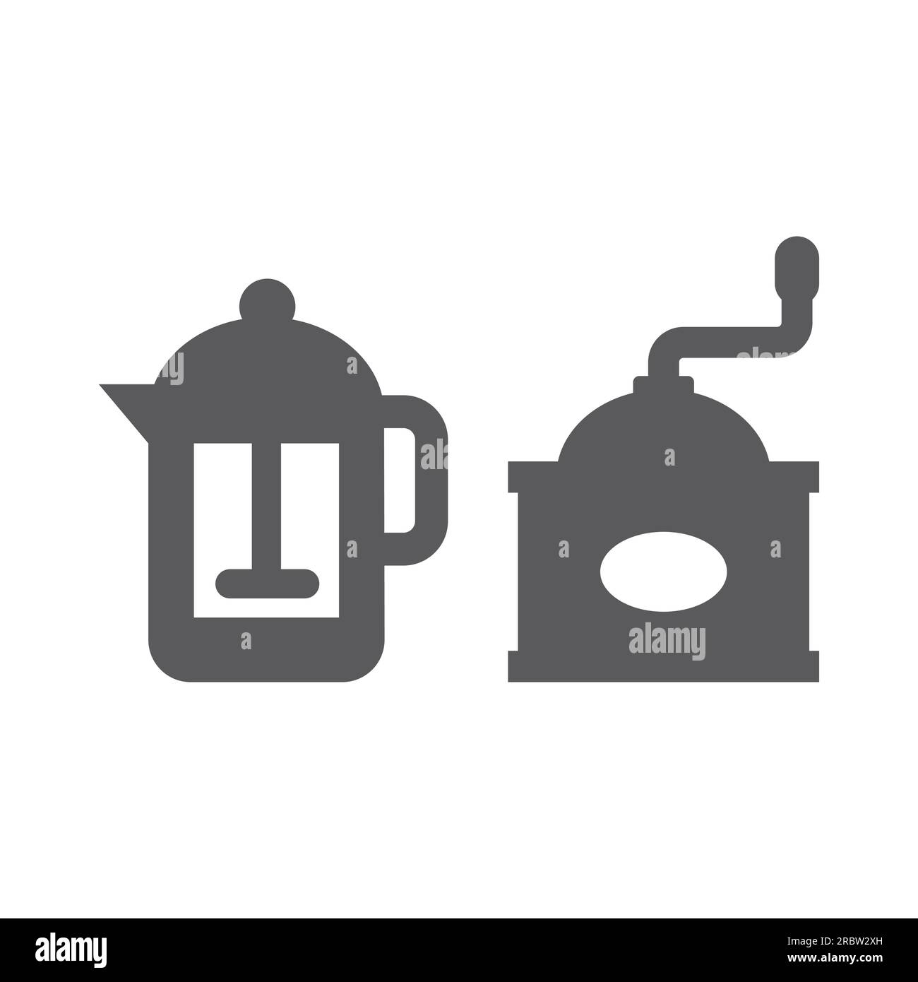 Retro coffee grinder and French press icons. Vintage coffee maker and mill vector icon set. Stock Vector