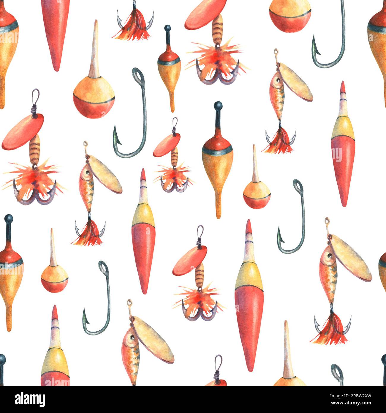 Seamless pattern with fishing tackle, bobber float,, hooks and