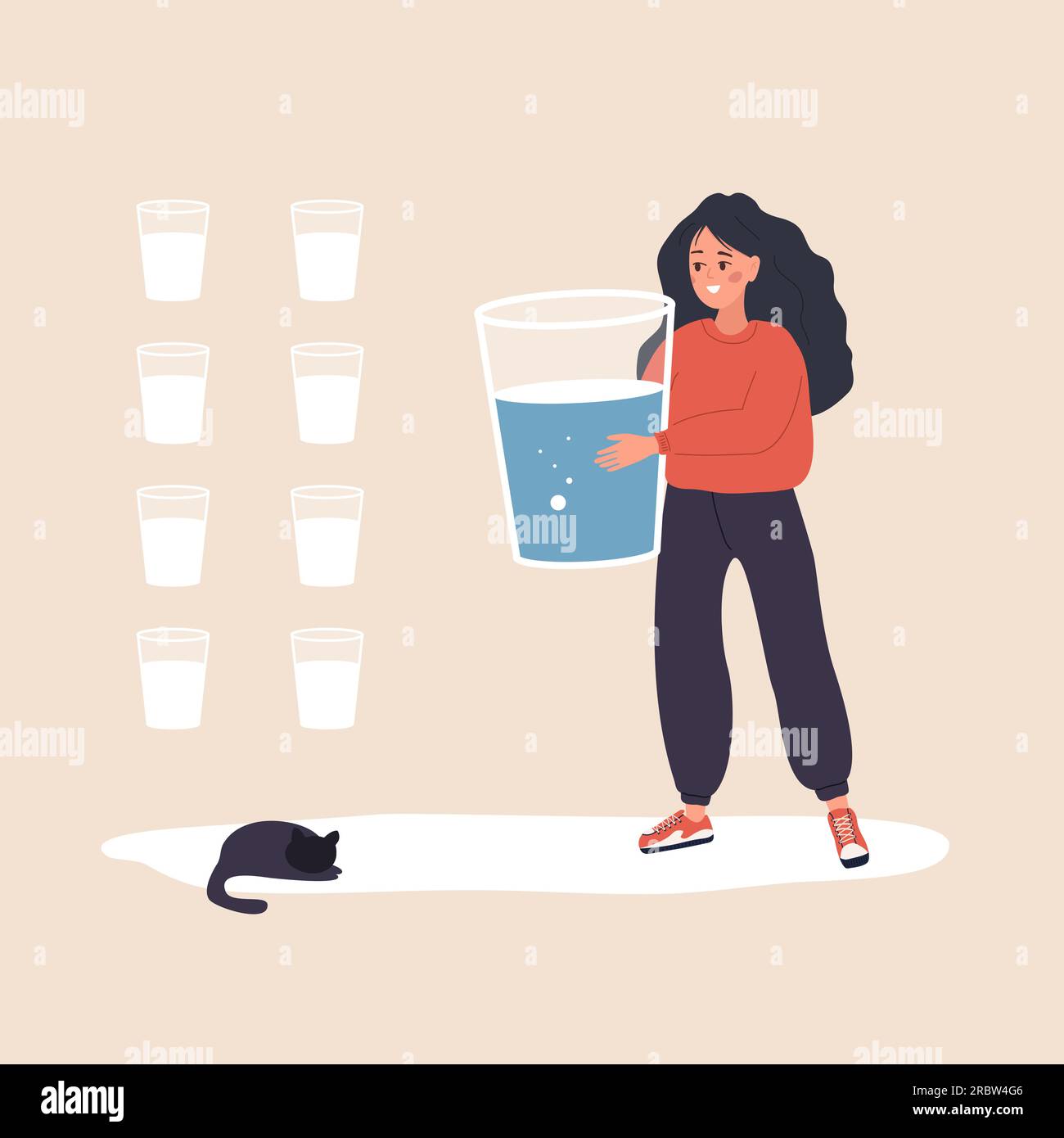 Water balance. Thirsty woman with large glass of mineral water