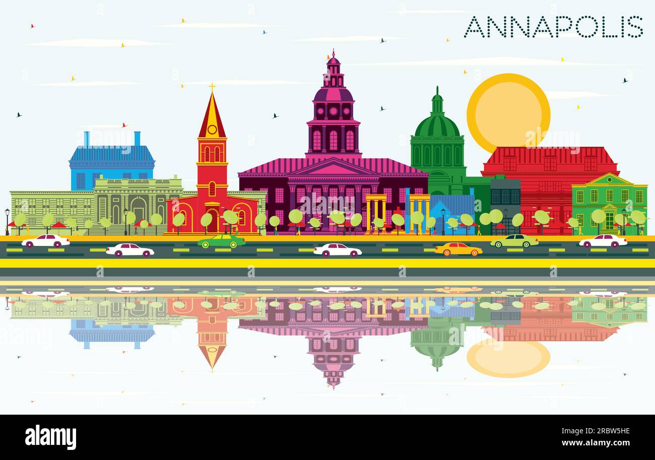 Annapolis Maryland City Skyline with Color Buildings, Blue Sky and Reflections. Vector Illustration. Stock Vector