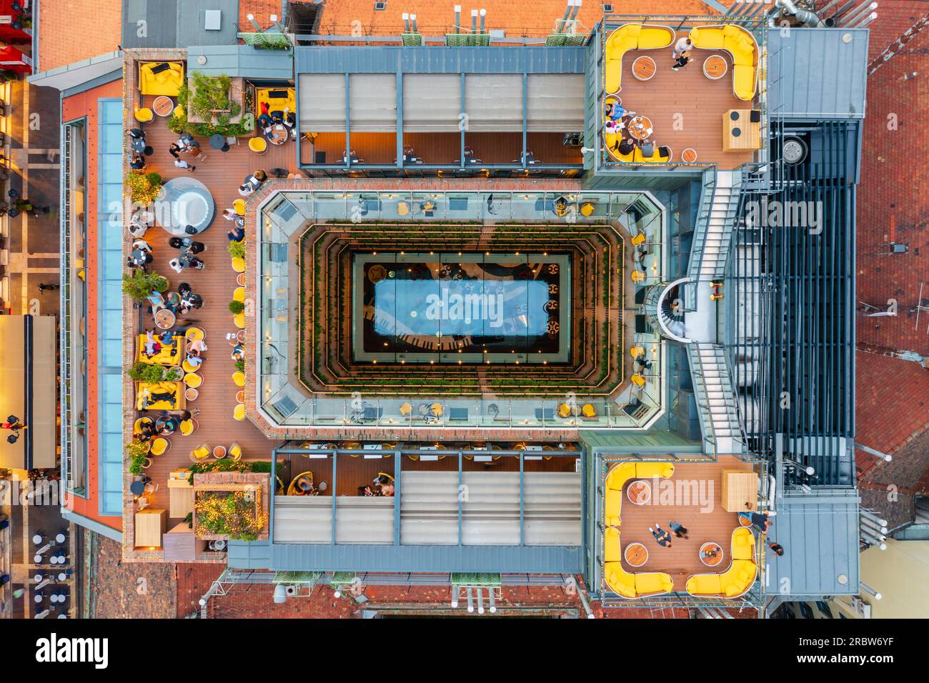 Aerial close up view about the famous High Note Skybar on the top of Aria Hotel Budapest. Stock Photo