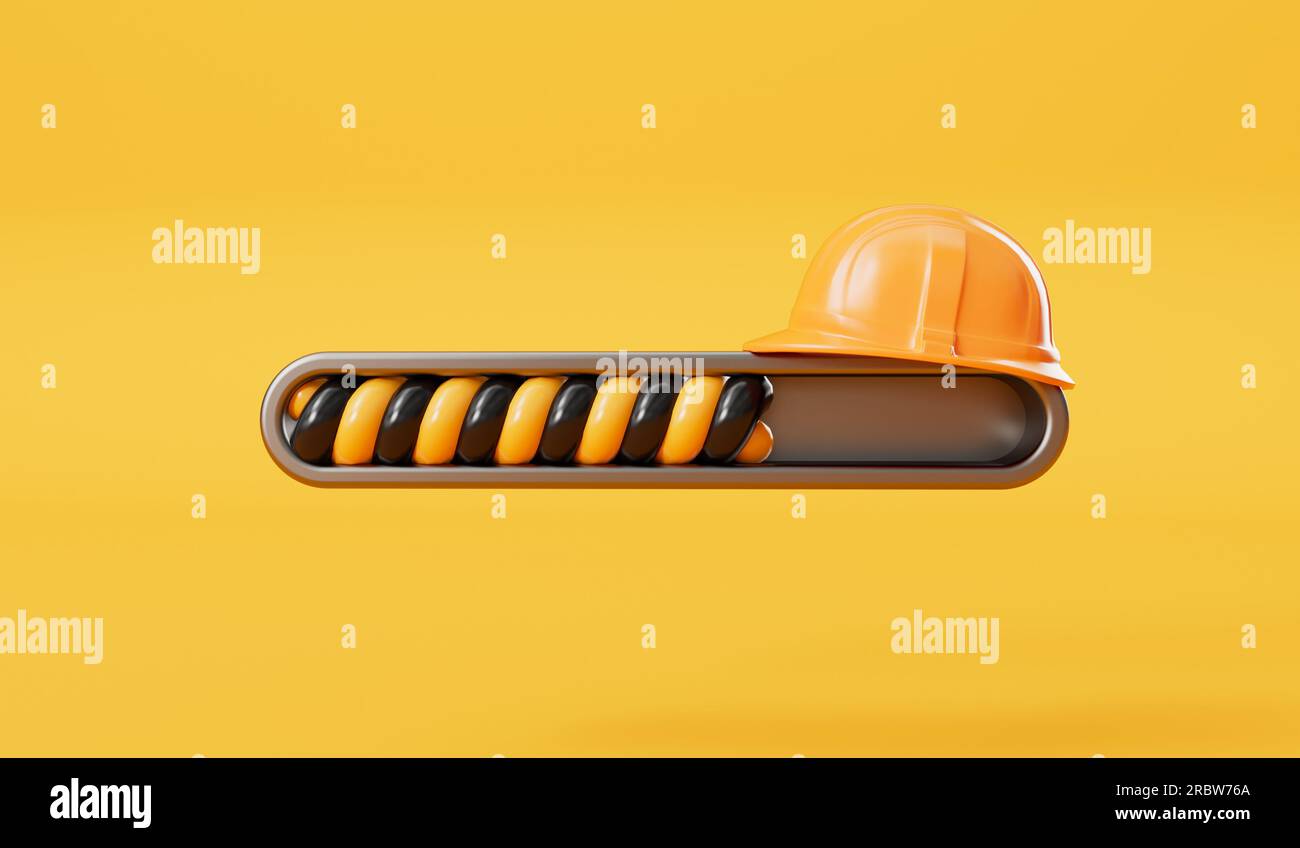 Website loading bar with builder hard hat. Page under construction. 3D Rendering Stock Photo