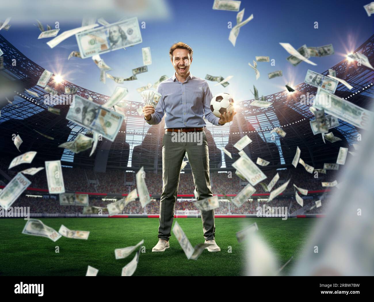 Successful lucky businessman standing on 3D arena of football ...