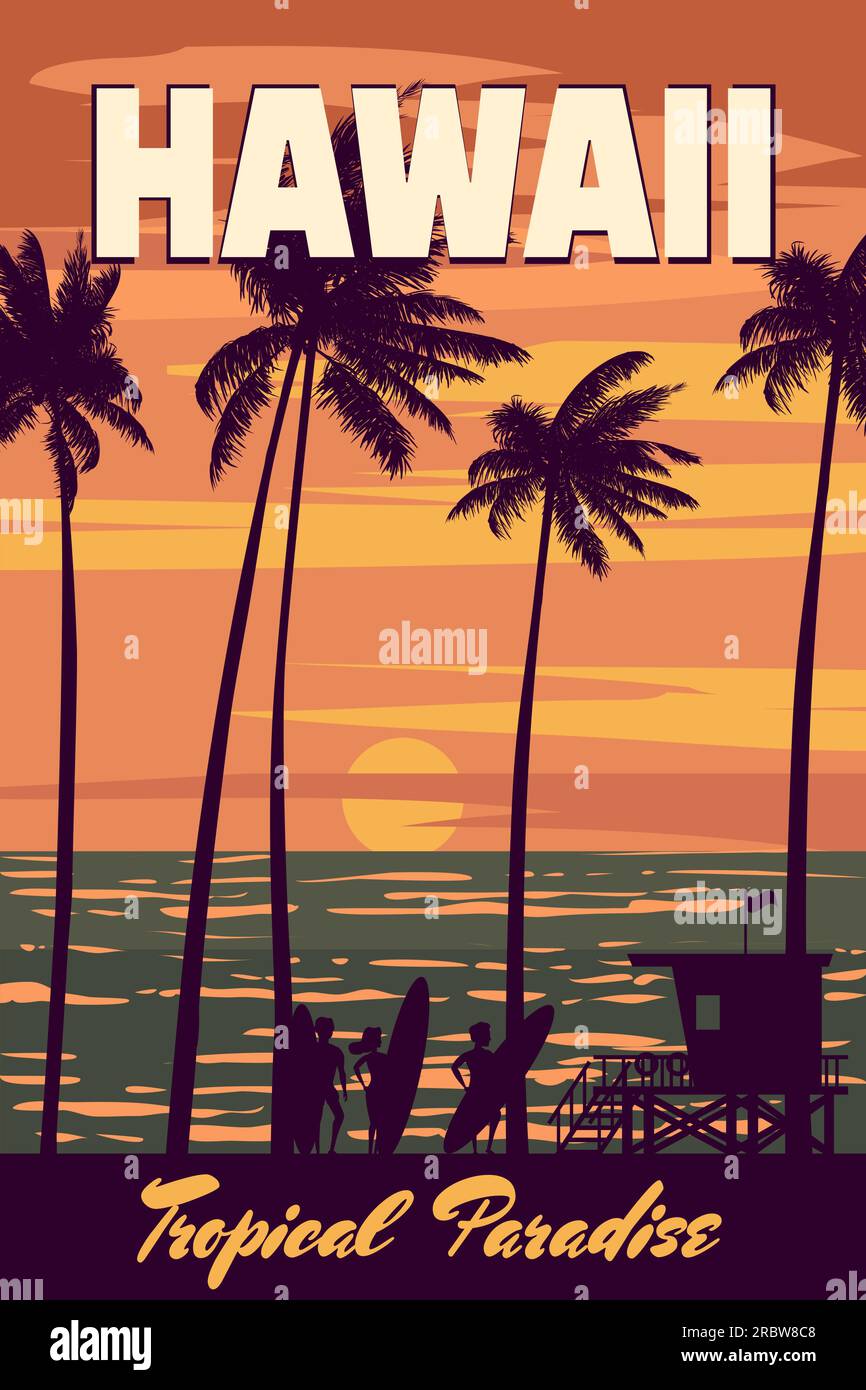 Hawaii Vintage Travel Poster Sunset Beach Surfers Stock Vector Image And Art Alamy