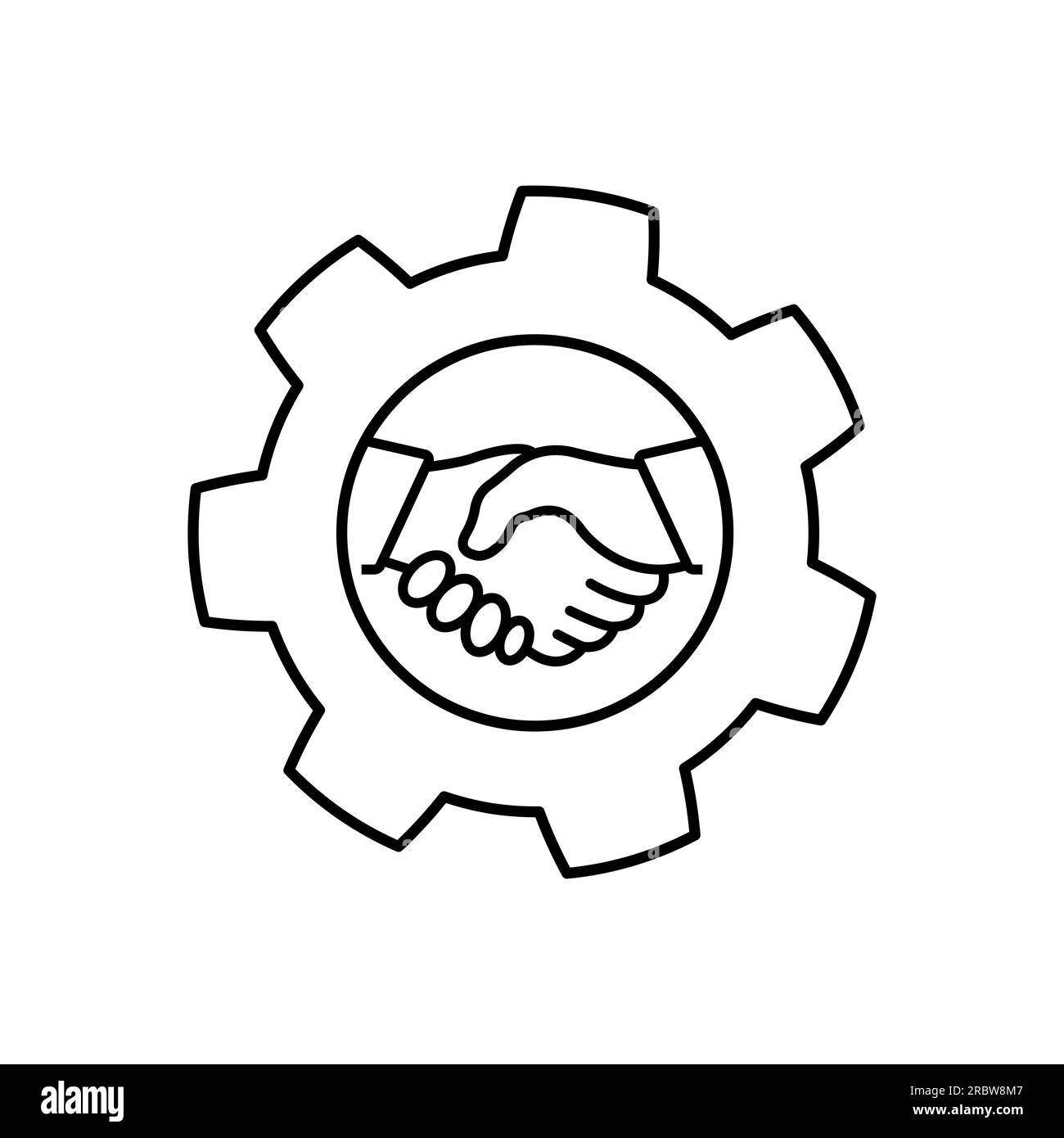 Handshake and gears vector line icon, sign, symbol. task relation Stock Vector