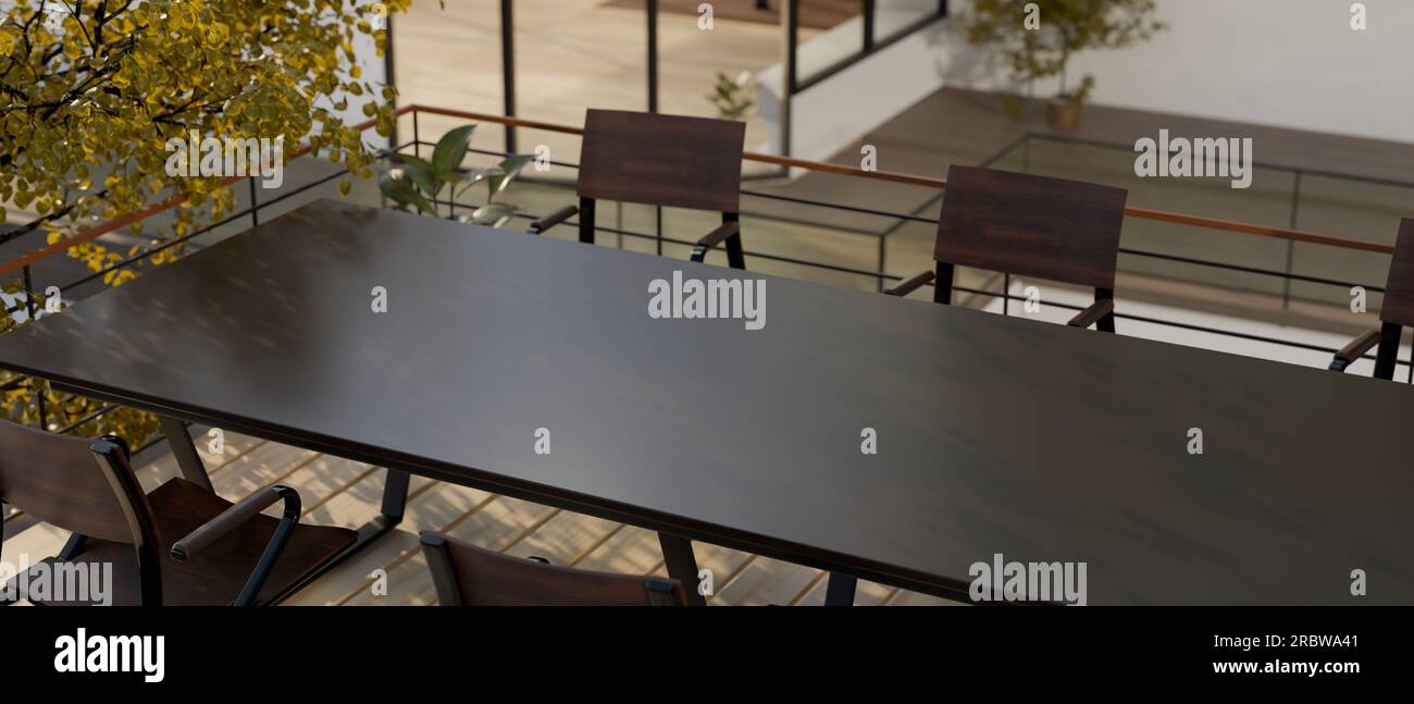 Top view of a modern contemporary meeting table on an outdoor terrace. 3d render, 3d illustration Stock Photo