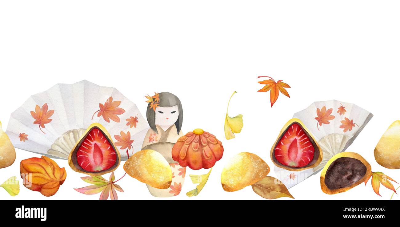Watercolor hand drawn traditional Japanese sweets Wide seamless border