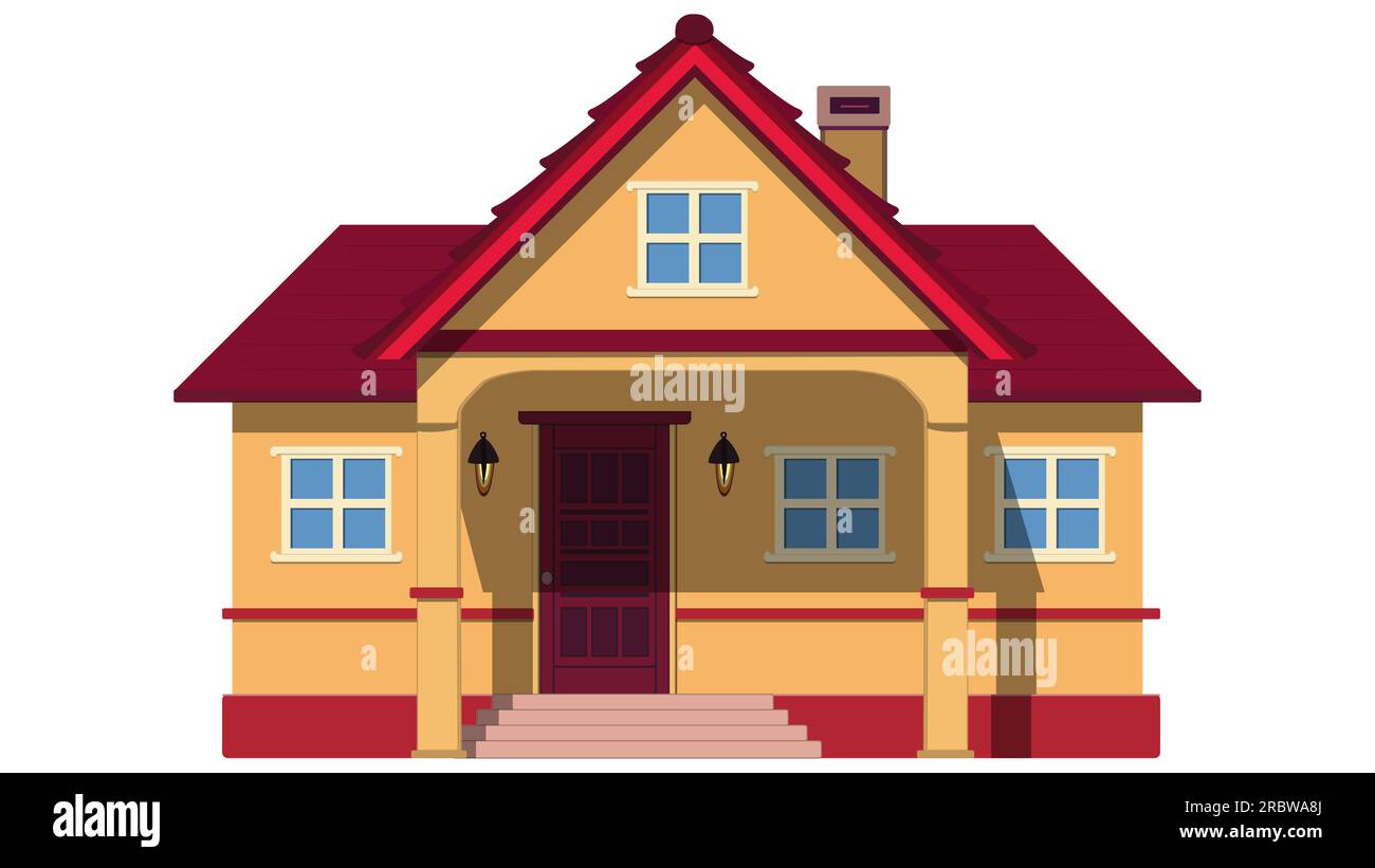 Colored onestory house with porch and canopy isolated on white