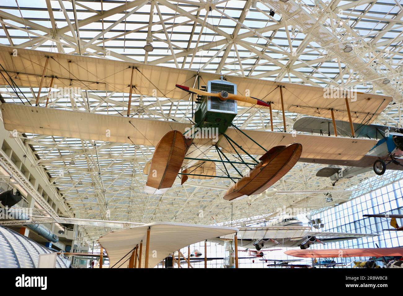 First Boeing aircraft the Boeing B&W Model 1 Replica floatplane suspended in the Great Gallery The Museum of Flight Seattle Washington State USA Stock Photo