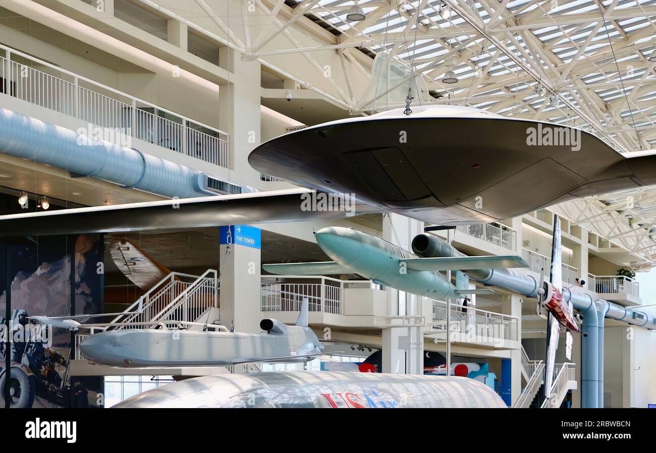 Lockheed Martin RQ-3A Dark Star Air Vehicle (A/V) #3 drone suspended in the Great Gallery The Museum of Flight Seattle Washington State USA Stock Photo