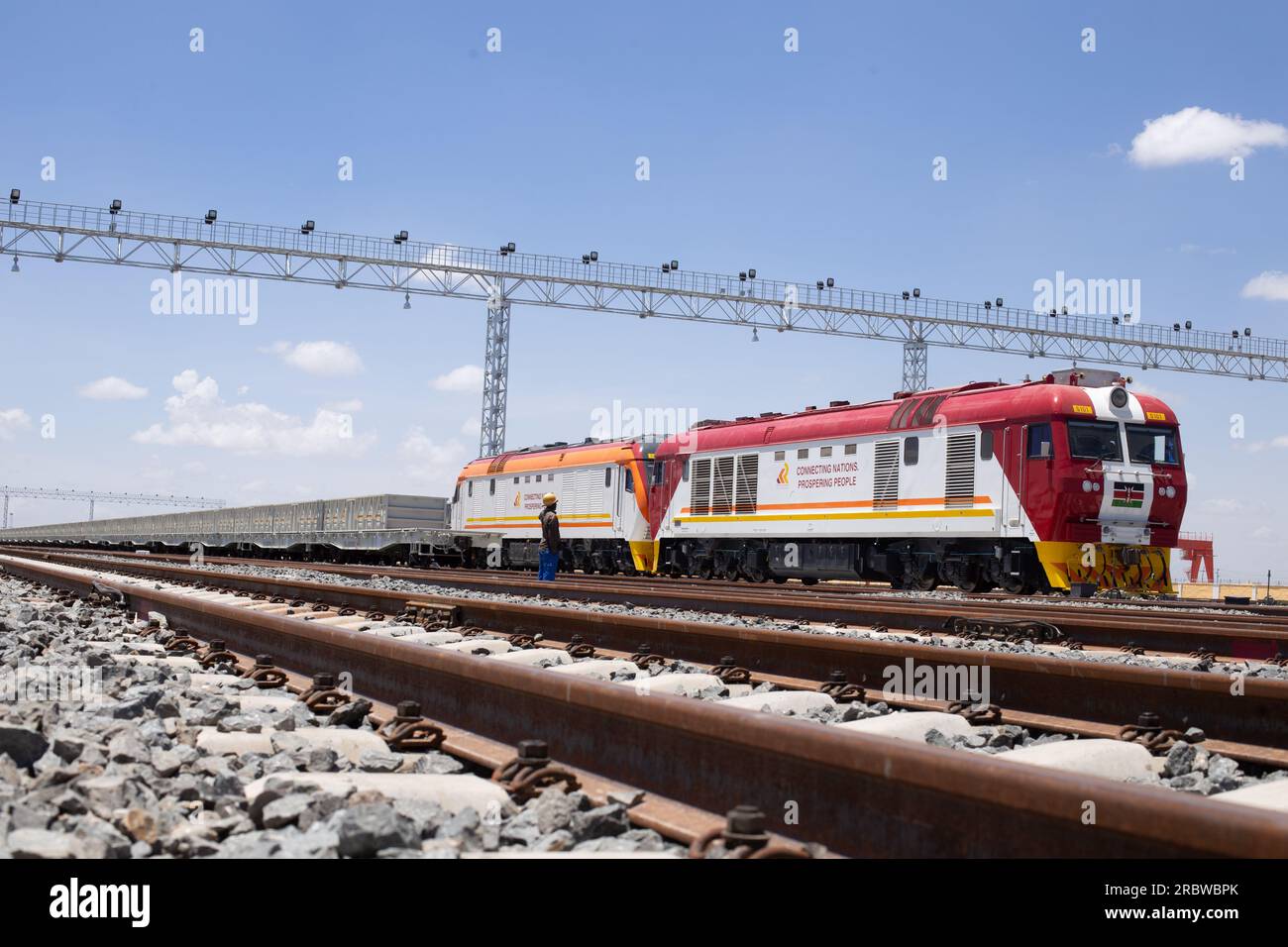 The Mombasa–Nairobi Standard Gauge Railway, completed in 2017, was built as the first phase of the Kenya Standard Gauge Railway. It is a standard-gaug Stock Photo