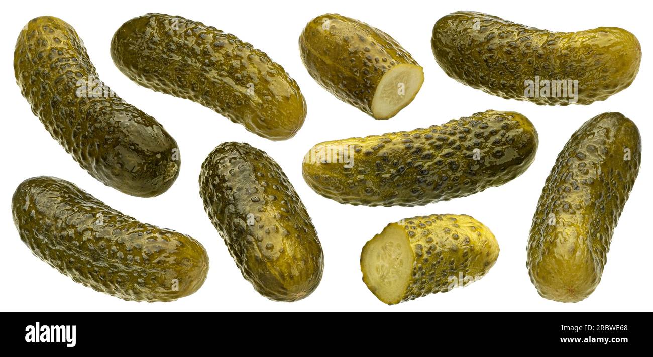 Marinated cucumbers, pickled gherkins isolated on white background
