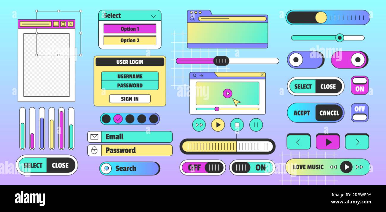 Vaporwave pc desktop with user interface elements. Retro browser computer window in 90s style with message boxes, tab, button, search bar, login and mail icons on gradient background. Stock Vector