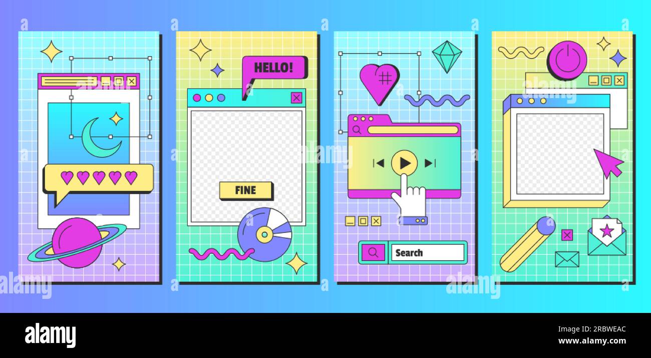 Retro linear vaporwave post and banners template in y2k style. Set of vintage social media ig posts and stories with aesthetic user interface elements. Old computer windows vector flat illustration. Stock Vector