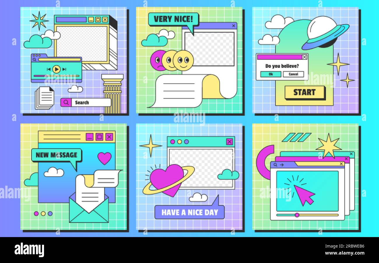 Retro linear vaporwave ig posts template in y2k style. Set of vintage browser computer windows with aesthetic user interface elements and stickers for social media. Flat vector illustration. Stock Vector