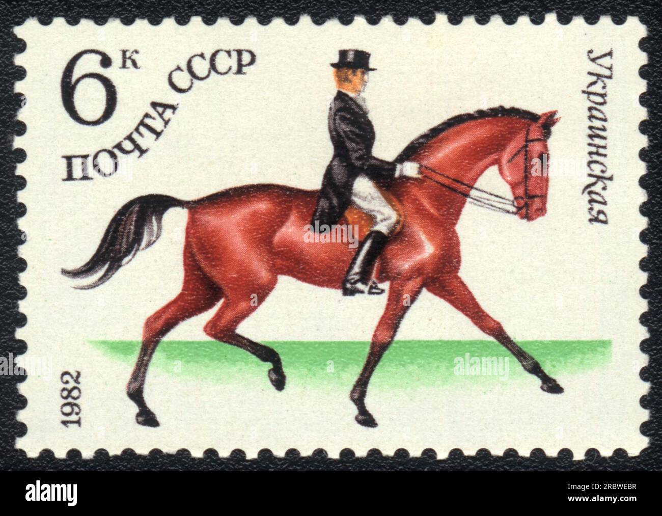 A uncanceled stamp printed in USSR shows a Ukrainian sports horse for