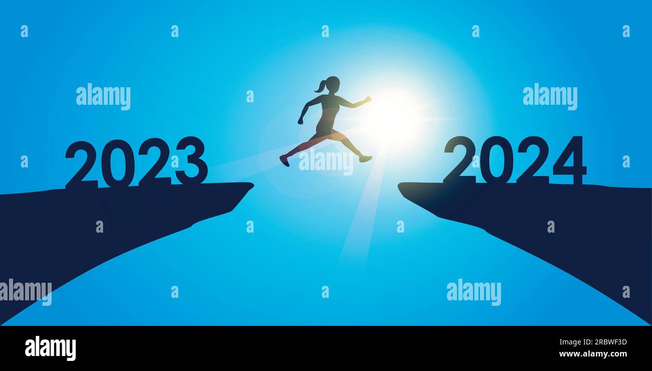 woman jumping over a cliff from 2023 to 2024 on sunny blue background
