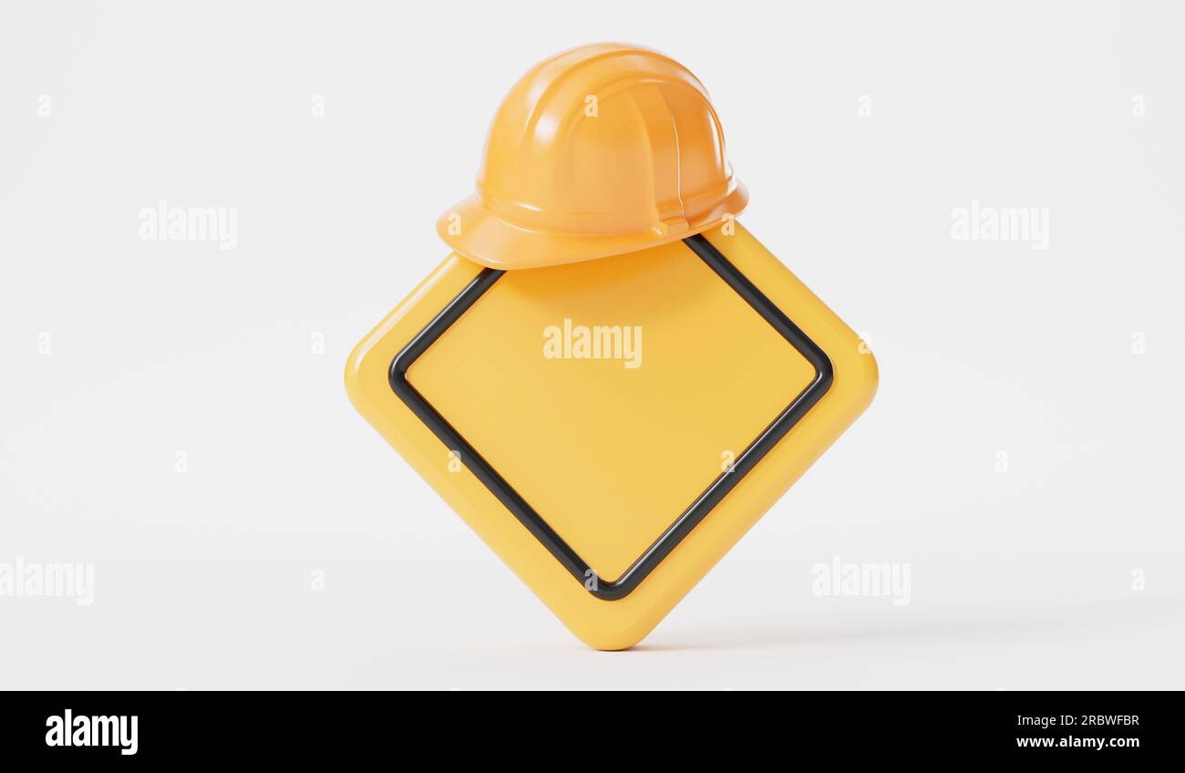 Construction Rendering Sign A blank construction site warning sign with a hard hat on top. 3D ...