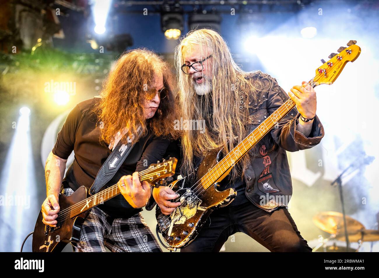 Oslo, Norway. 24th, June 2023. The Swedish doom metal band Candlemass performs a live concert during the Norwegian music festival Tons of Rock 2023 in Oslo. Here bass player Leif Edling is seen live on stage with guitarist Mats Björkman. (Photo credit: Gonzales Photo - Terje Dokken). Stock Photo