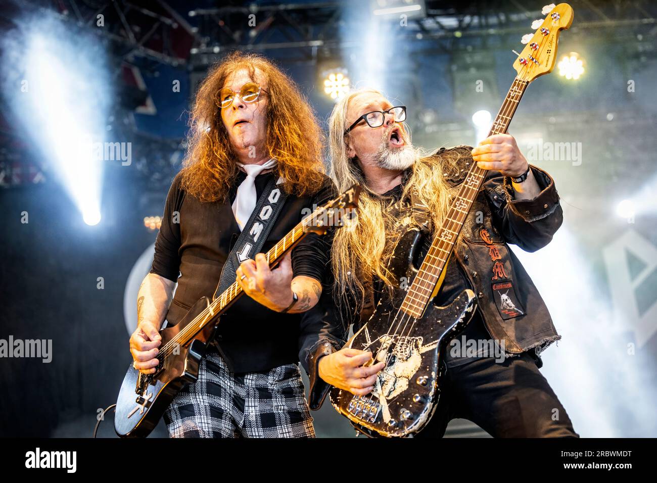 Oslo, Norway. 24th, June 2023. The Swedish doom metal band Candlemass performs a live concert during the Norwegian music festival Tons of Rock 2023 in Oslo. Here bass player Leif Edling is seen live on stage with guitarist Mats Björkman. (Photo credit: Gonzales Photo - Terje Dokken). Stock Photo