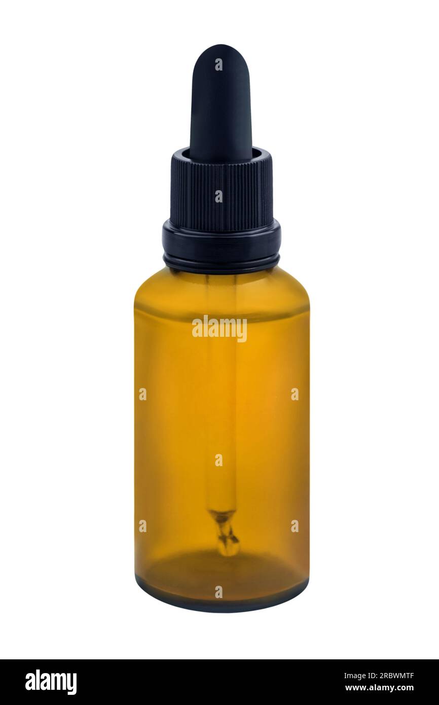 Brown glass bottle with pipette isolated on white background Stock