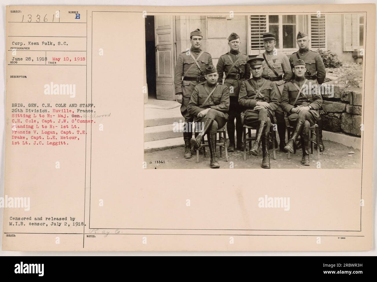 Brig. Gen. C.H. Cole and his staff from the 26th Division are pictured in Euville, France on June 28, 1918. The individuals in the photo are identified as Maj. Gen. C.H. Cole, Capt. J. O'Conner, 1st Lt. Francis V. Logan, Capt. T.E. Drake, Capt. L.E. Metour, and 1st Lt. J.C. Leggitt. The photo was censored and released by M.I.B. censor on July 2, 1918. Stock Photo