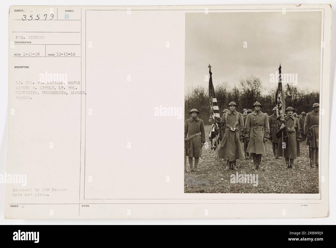 Pvt. Gibbons captured a photograph on December 11, 1918, depicting Lt. Col. William Hayward, Major Arthur W. Little, and Lt. Col. Pickering in Ungersheim, Alsace, France. The image was officially released by AEP censor, but the exact date is unknown. This image is a part of the 369th Infantry collection during World War One. Stock Photo