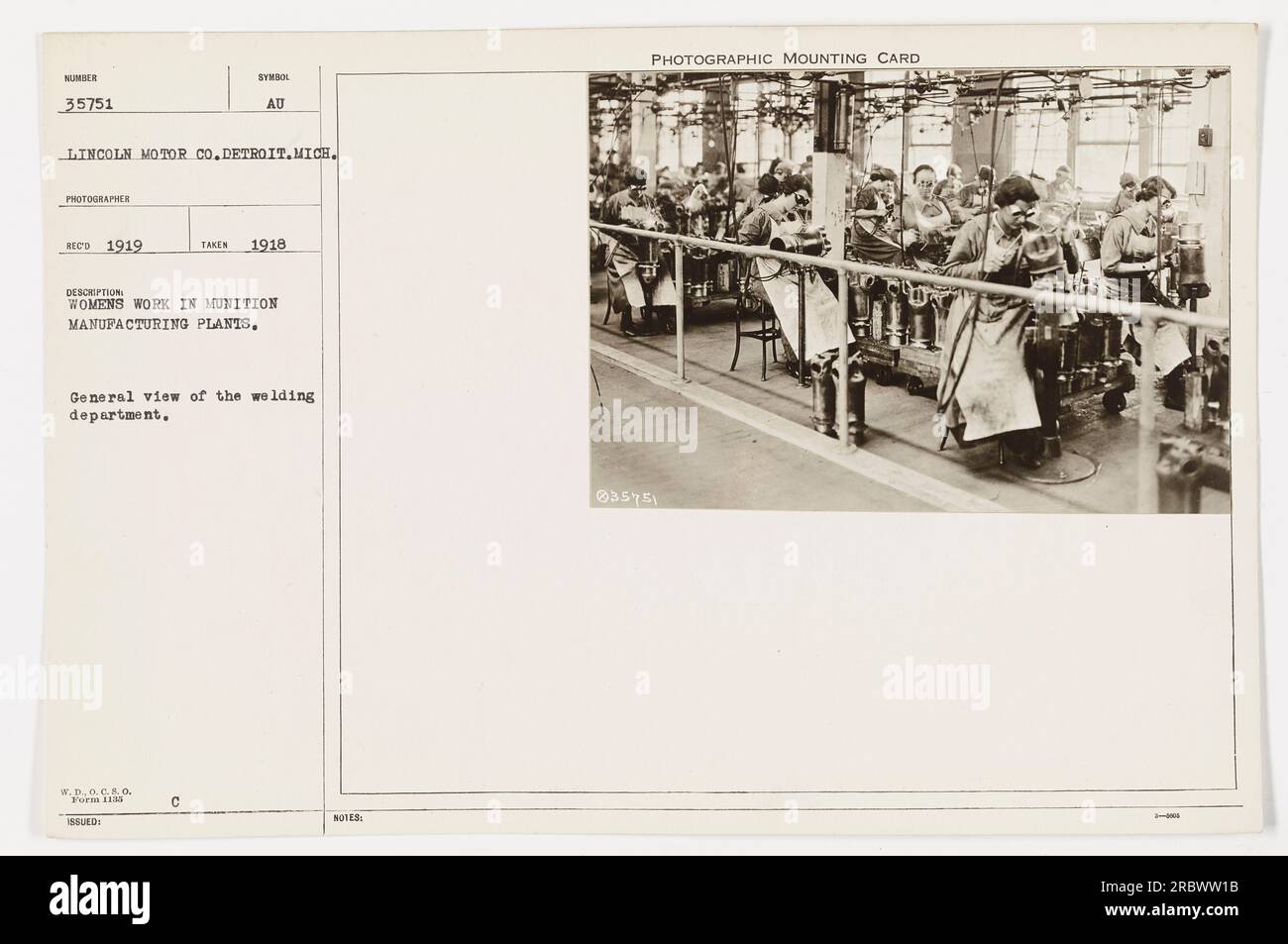 A general view of the welding department at the Lincoln Motor Co. in Detroit, Michigan. This photograph, number 35751, was taken in 1918 and received by the photographer in 1919. It captures the women's work in munition manufacturing plants during World War I. The image is part of the Photographs of American Military Activities collection. Stock Photo