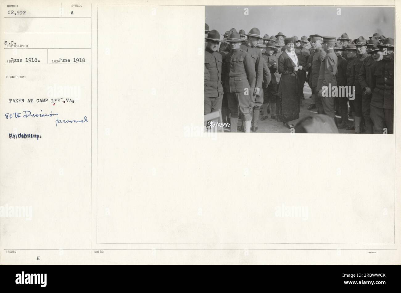 Image capture at Camp Lee, VA in January 1918 featuring the 80th Division Maltin, a unit of American military during World War One. In the picture, soldiers are seen with the symbol 'A' indicating issued uniforms and equipment. This photograph is numbered 12,592 from the collection. Stock Photo