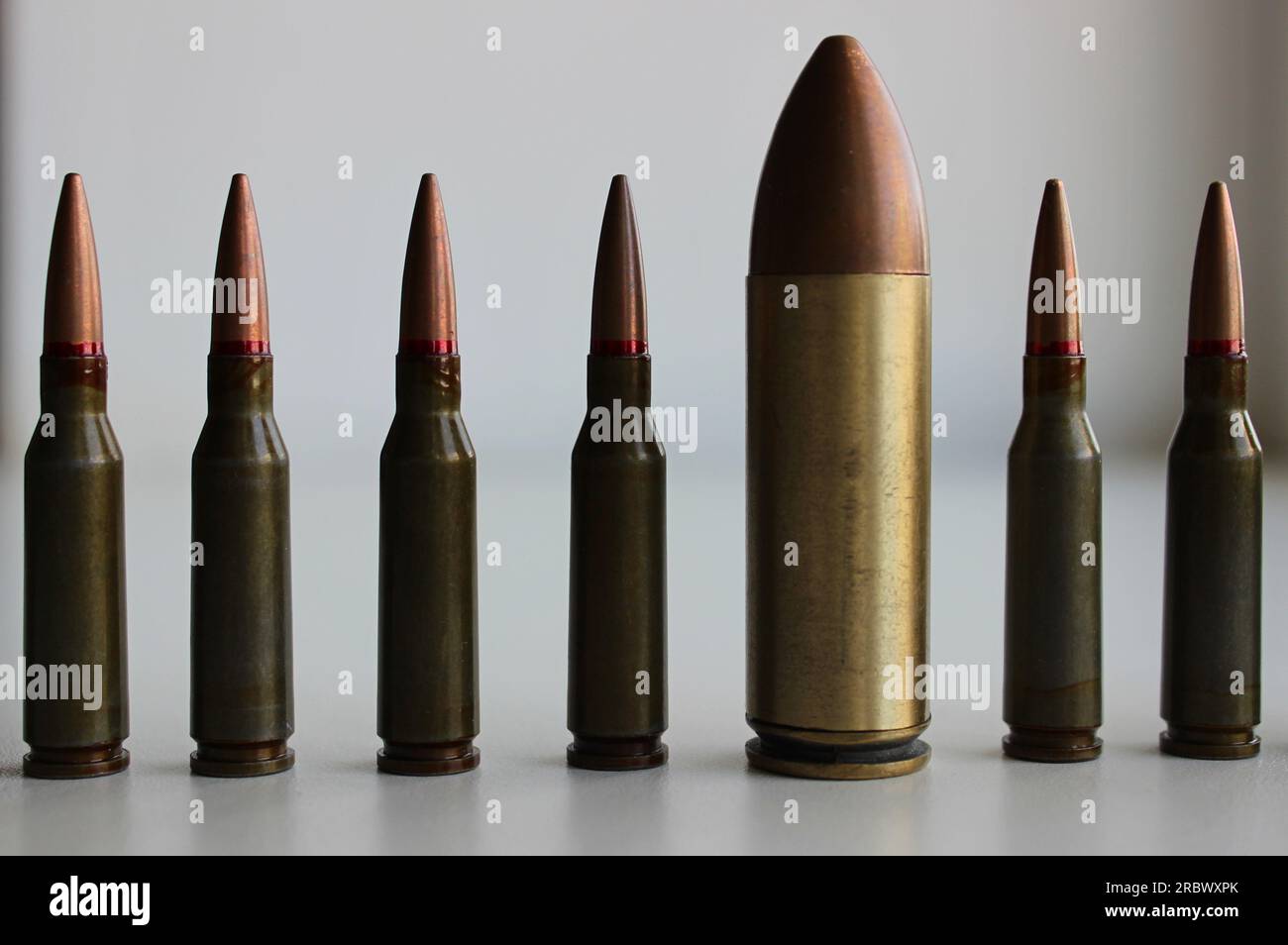 Closeup View Of A Row With Same Ammunition And Huge Cartridge In Line. Concept Image Symbolizing Diversity And Inclusion Stock Photo