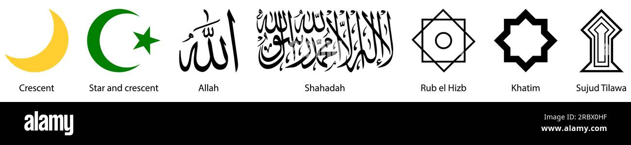 Set of symbols of Islam. Crescent, Star and crescent, Allah, Shahadah