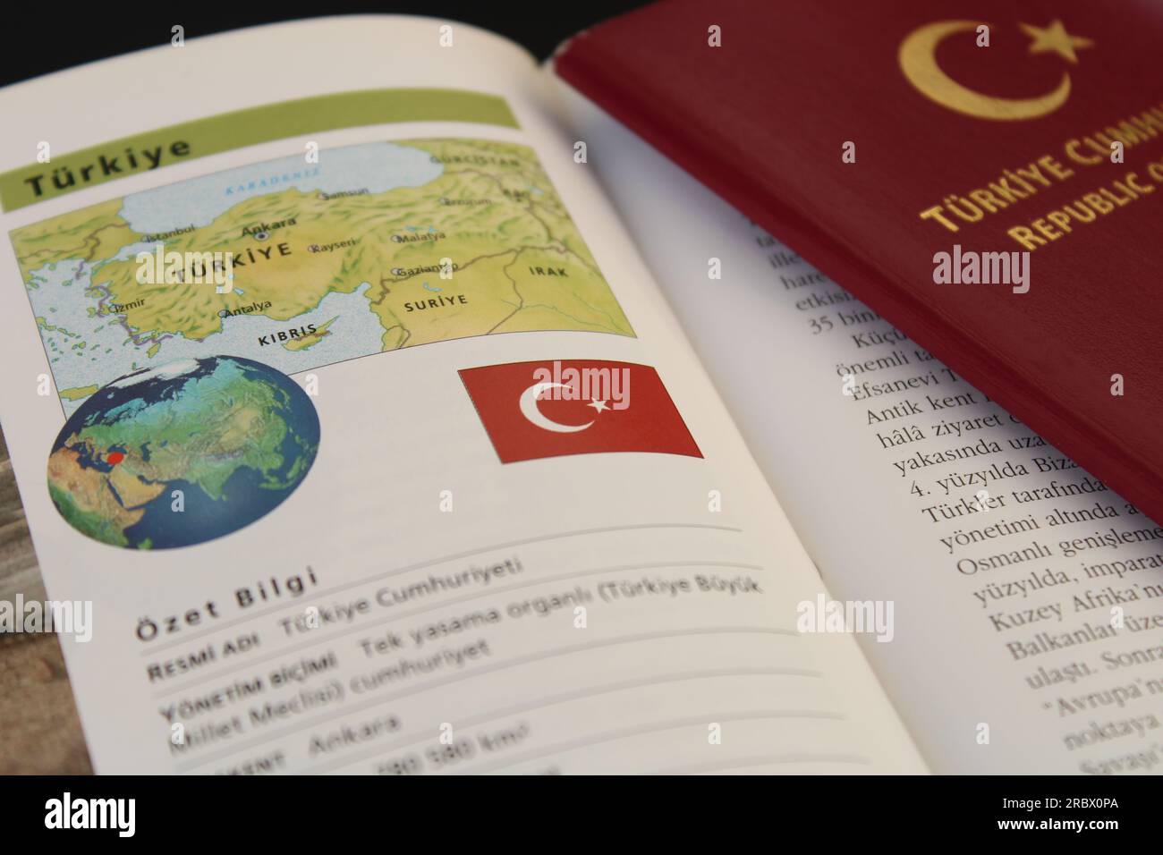 A book with a turkish passport and a turkey flag on it. Turkish map and ...