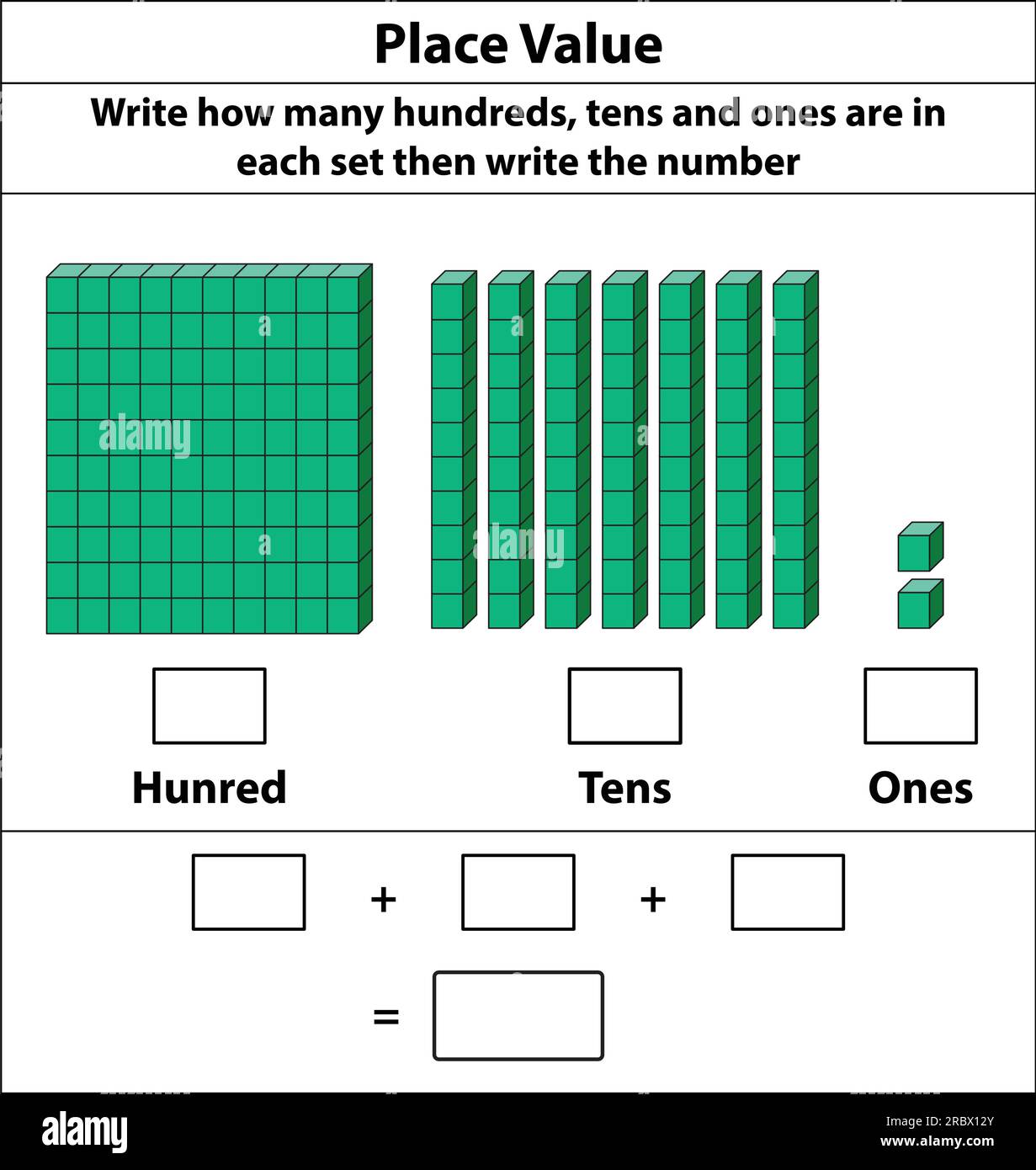 Place Value hundreds tens and ones. 10 blocks. and single blocks. Vector illustration isolated
