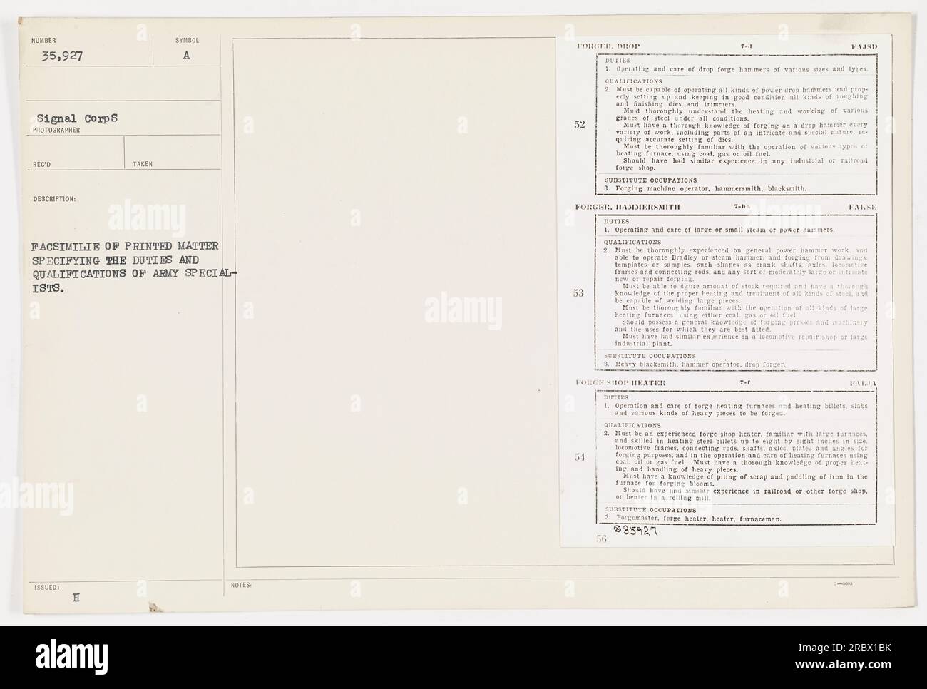 The image shows a description of the duties and qualifications of an army specialissue