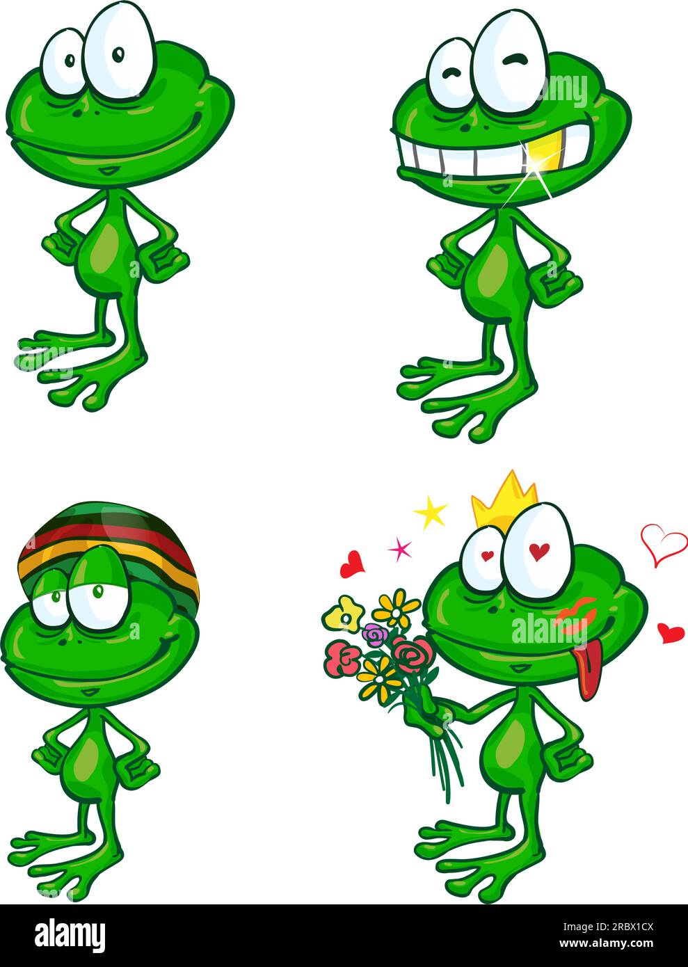illustration of a set of cute cartoon green frog set Stock Vector
