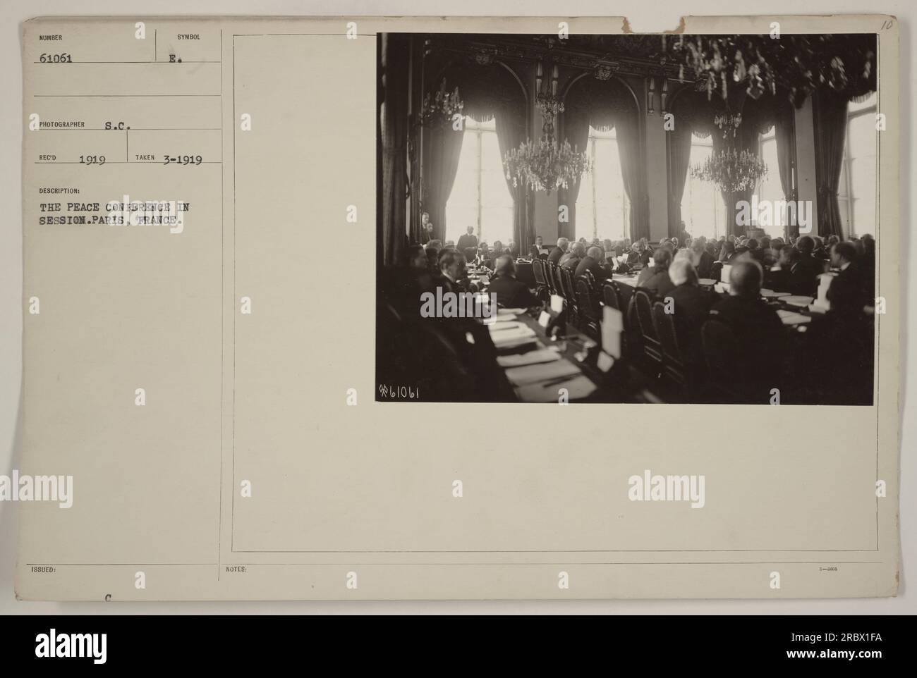 Caption: The Peace Conference in session in Paris, France. The photograph, taken in March 1919, shows the delegates gathered to negotiate the terms of the peace agreement. This momentous event aimed to bring an end to World War One and lay the foundations for a more stable global order. Stock Photo