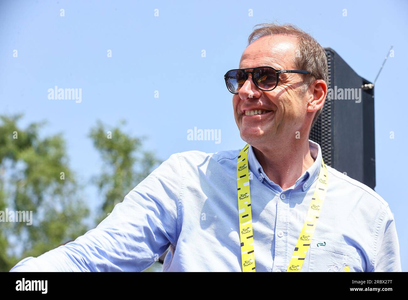 Vulcania, France. 11th July, 2023. Christian Prudhomme, cycling director of ASO (Amaury Sport Organisation) pictured at the start of stage 10 of the Tour de France cycling race, a 167, 2 km race from Vulcania to Issoire, France, Tuesday 11 July 2023. This year's Tour de France takes place from 01 to 23 July 2023. BELGA PHOTO DAVID PINTENS Credit: Belga News Agency/Alamy Live News Stock Photo