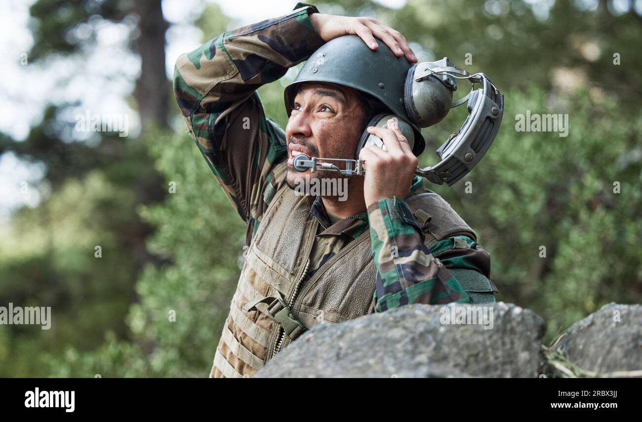 Military, soldier talking on a radio and communication with leadership