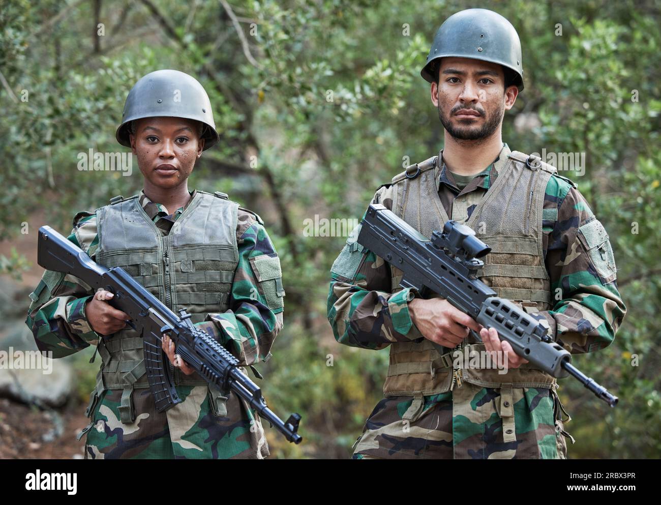 Gun, army portrait and people in forest training, outdoor shooting and ...