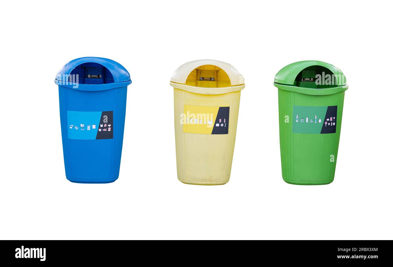 plastic trash bins isolated on white background Stock Photo