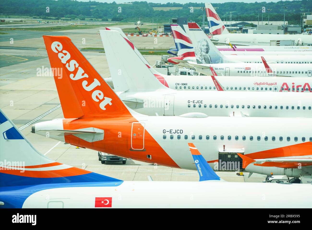London UK. 11 July 2023   Easyjet aircraft at Gatwick airport. The low budget airline  EasyJet  has cancelled 1,700 summer flights for July August and September affecting  180,000 passengers which has been  blamed on air-traffic control delays in Europe. Credit amer ghazzal/Alamy Live News Stock Photo