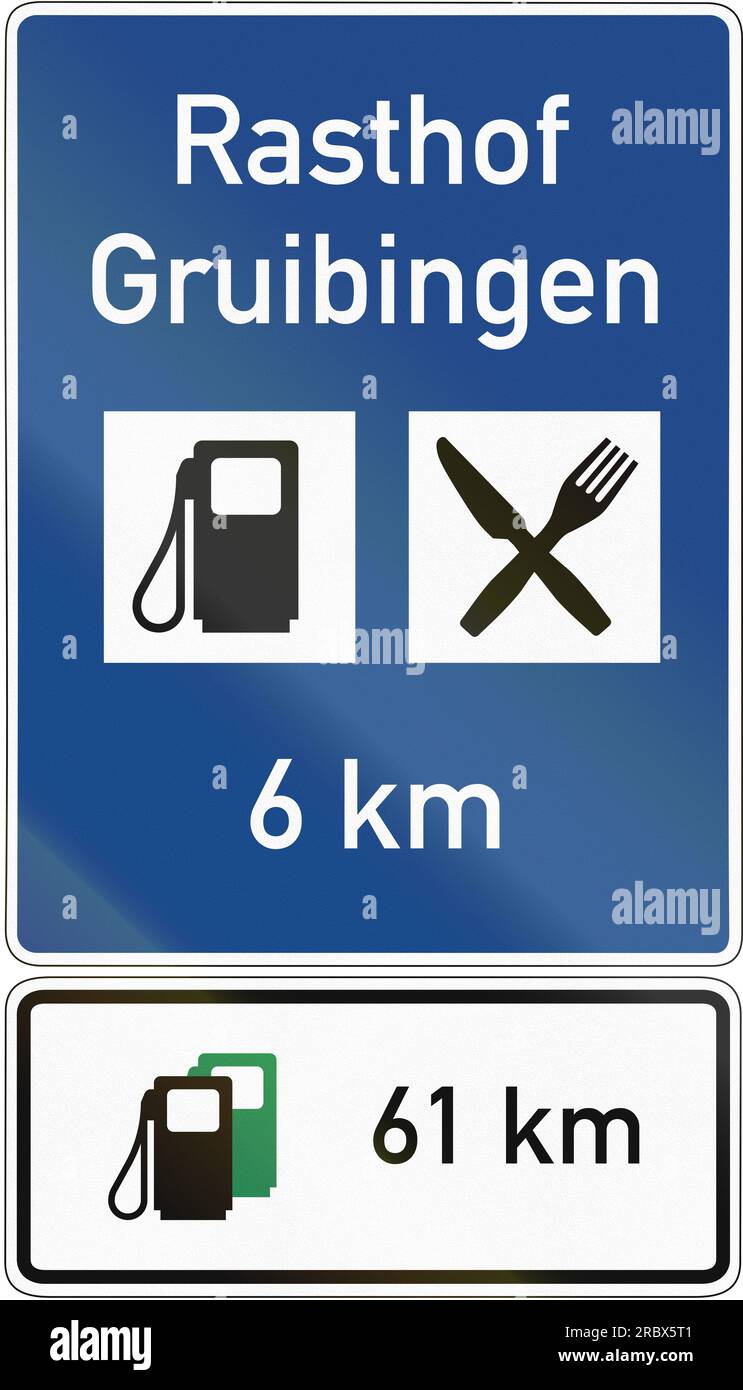 German highway sign announcing a road service (Rasthof) with additional sign informing about the distance to the next fuel station afterwards. Stock Photo