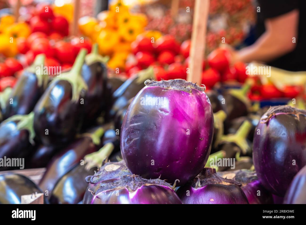 Close-up aubergine on vegetable stall of food market Ballaro in Palermo, Sicily Stock Photo